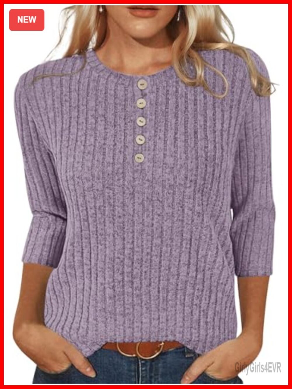 Women's 3/4 Sleeve Henley Tunic Sweater Lightweight Ribbed Knit Pullover